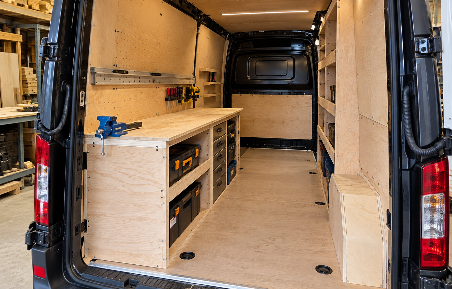 Interieur met houten betimmering in een bedrijfswagen