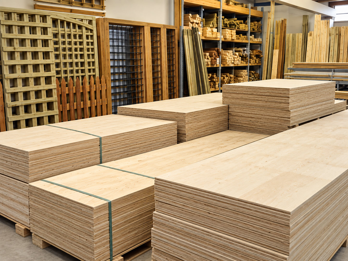 Stapel plaatmateriaal in het magazijn